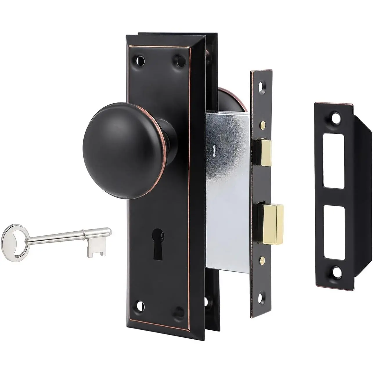 Mortise Lock Set for Interior Door, Oil Rubbed Bronze Finish | Replacement Old Style, Antique, Vintage Door Knobs with Lock and Skeleton Key, 2-3/8" Backset