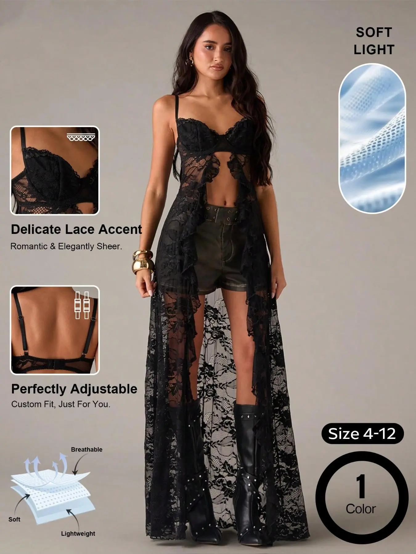 Women's Lightweight Adjustable Strap Front Slit Sheer Lace Ruffle Long Dress, Casual Lace Off-Shoulder Top, Elegant Evening Wear Fit Feminine, Elegance