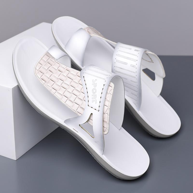 Men's Summer New Sandals, Letter Print Straw Texture, Trendy Anti-Slip Thin Sole, Casual Beach Shoes, Fashionable and Comfortable