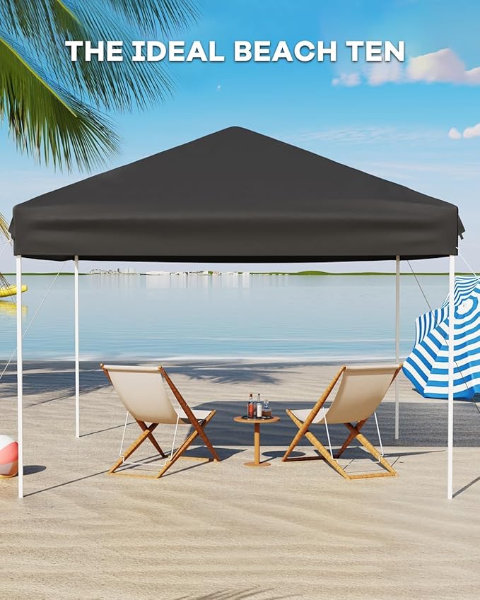 10x10 Pop Up Canopy Tent with 3 Sidewall Heavy-Duty 210D Oxford Fabric & Rust-Proof Frame - 3 Adjustable Heights, Roller Bag, 4 Sandbags - UV Protection for Beach, Party