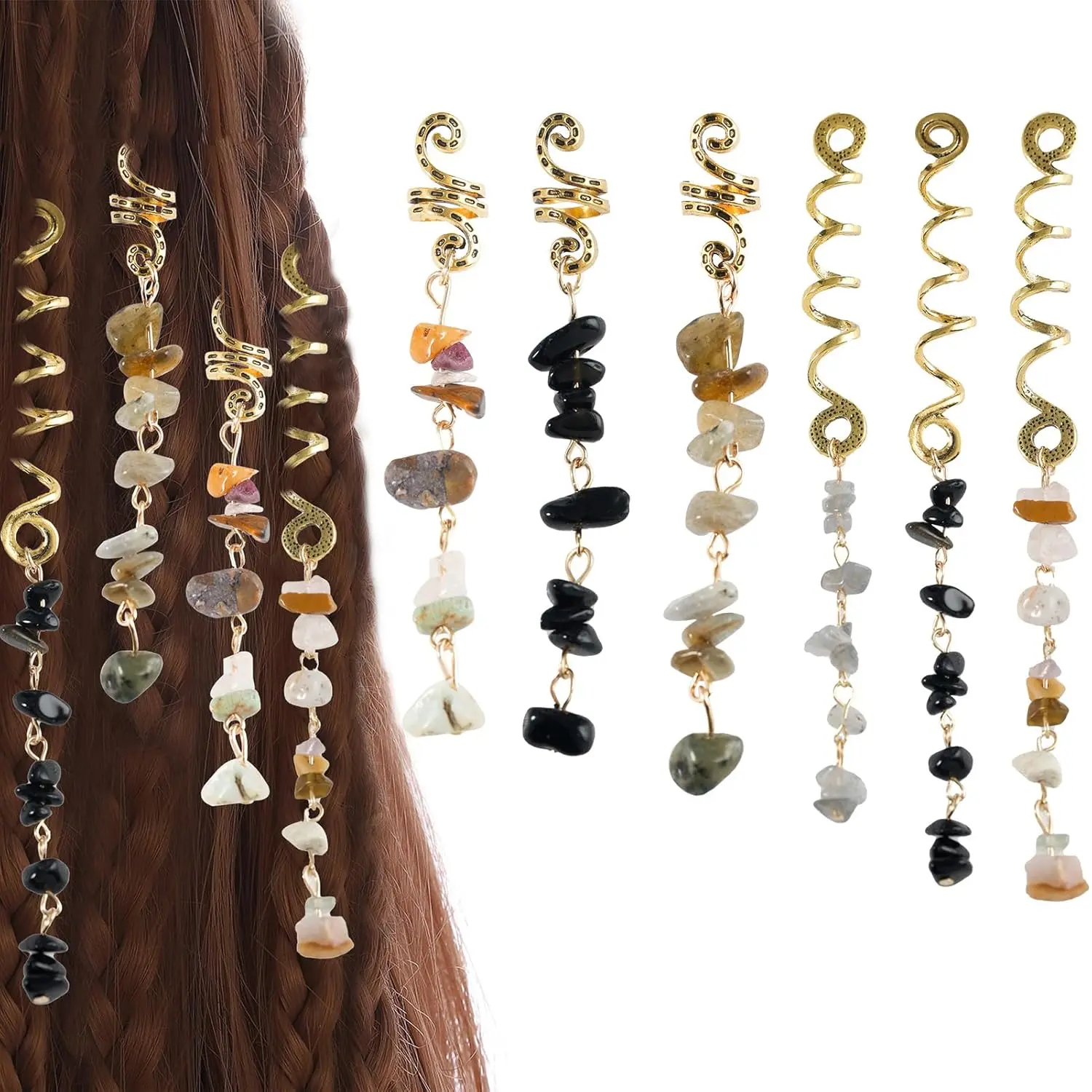 Hair Jewelry Dreadlock Accessories, Natura Stone Hair Charms for Braids, Hair Ring Crystal Hair Accessories for Women(Black, pack of 6)