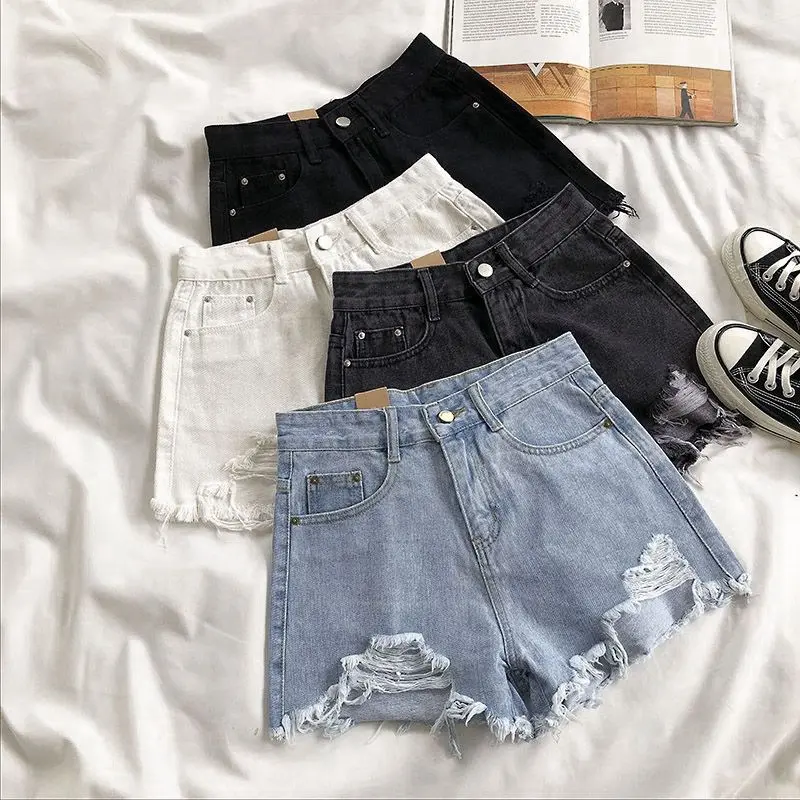 Women's High-Waisted Distressed Ripped Denim Shorts - Loose-Fit Wide Leg, Frayed Hem, Ripped Details, Denim Fabric, Y2K Fashion Summer Shorts for Sports & Outdoor Tetherball Lawn Games