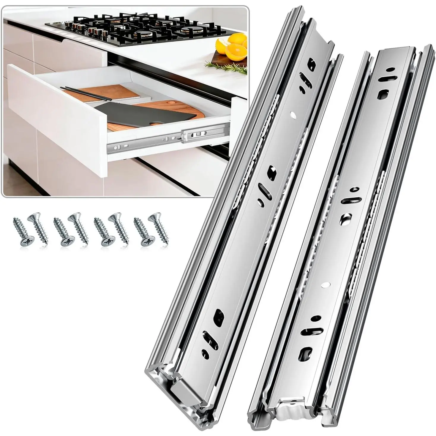 Drawer Slides Ball Bearing 3 Folds Full Extension Side Mount Cabinet Runners Glides Rails Track 100 Lbs Load 10 12 14 16 18 20 22 24 Inch Silver (Silver-Basic- 1 Pr,12 Inch)