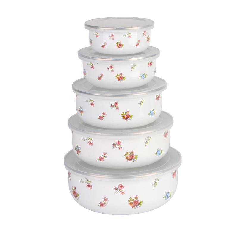 5pcs Set Blue Floral Enamel Food Storage Bowls with Lids, Multi-Functional Microwave Safe Containers for Rice Salad Noodles, Salad Serving Bowls