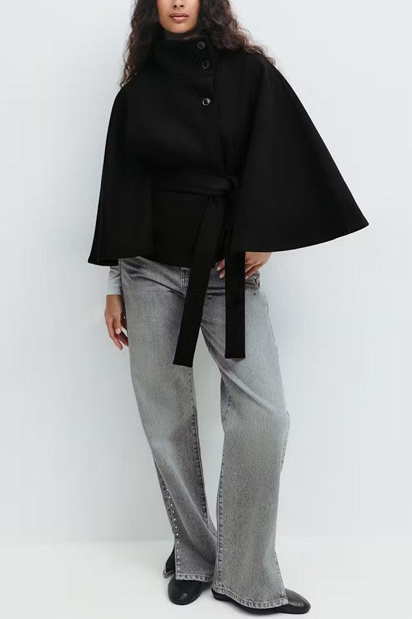 Women's Plain Front Buckle Belted Woolen Cape Coat, Casual Fall & Winter Outerwear, Stylish Daily Wear for Dating, Jackets Women's Plain Front Buckle Belted Woolen Cape Coat, Casual Fall & Winter Outerwear, Stylish Daily Wear for Dating, Jackets