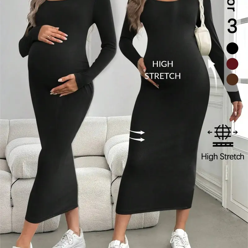 Maternity Long Sleeve High-Stretch Dress, Solid Color Slim-fitting Pregnancy Dress, Soft Comfortable Maternity Clothing for Daily Wear, Pregnancy Clothes