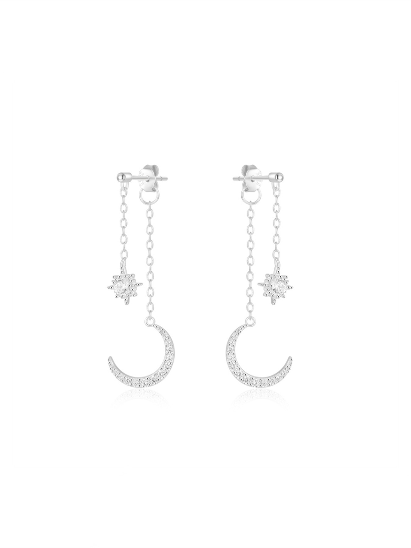 1Pair 925 Sterling Silver Classic Stars And Moon Cubic Zirconia Stud Earrings Hypoallergenic Cartilage Helix Tragus Lobe Piercing Jewelry Suitable For Women For Daily, Dates, Vacation, Wedding, Party, Holiday Gift