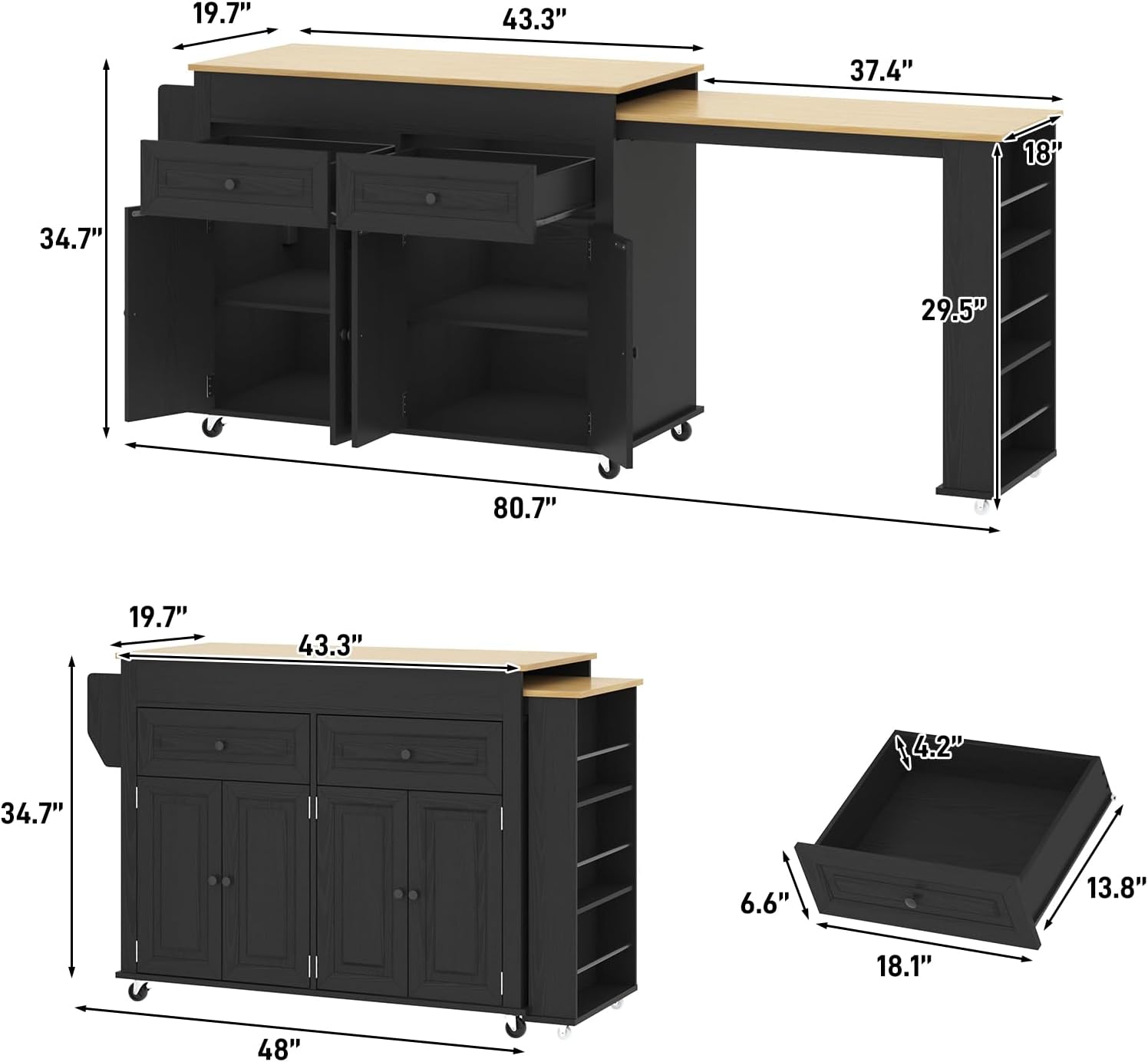 80"-48" Extendable Kitchen Island with Extended Dining Table and Power Outlet,Large Mobile Kitchen Storage Islands with 2 Storage Drawers,Rolling Islands Cart with 3 Extra Rows Open Shelves(White/Black/Brown/Blue)