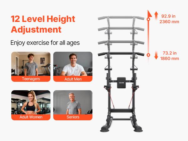VEVOR Pull Up Bar, 330 LBS Power Tower Dip Station, Workout Dip Station with H-Shaped Stable Base Back Pad, Adjustable 12 Level Height Free Standing Chin Up Bar for Back, 4-Level Adjustable Back Pad