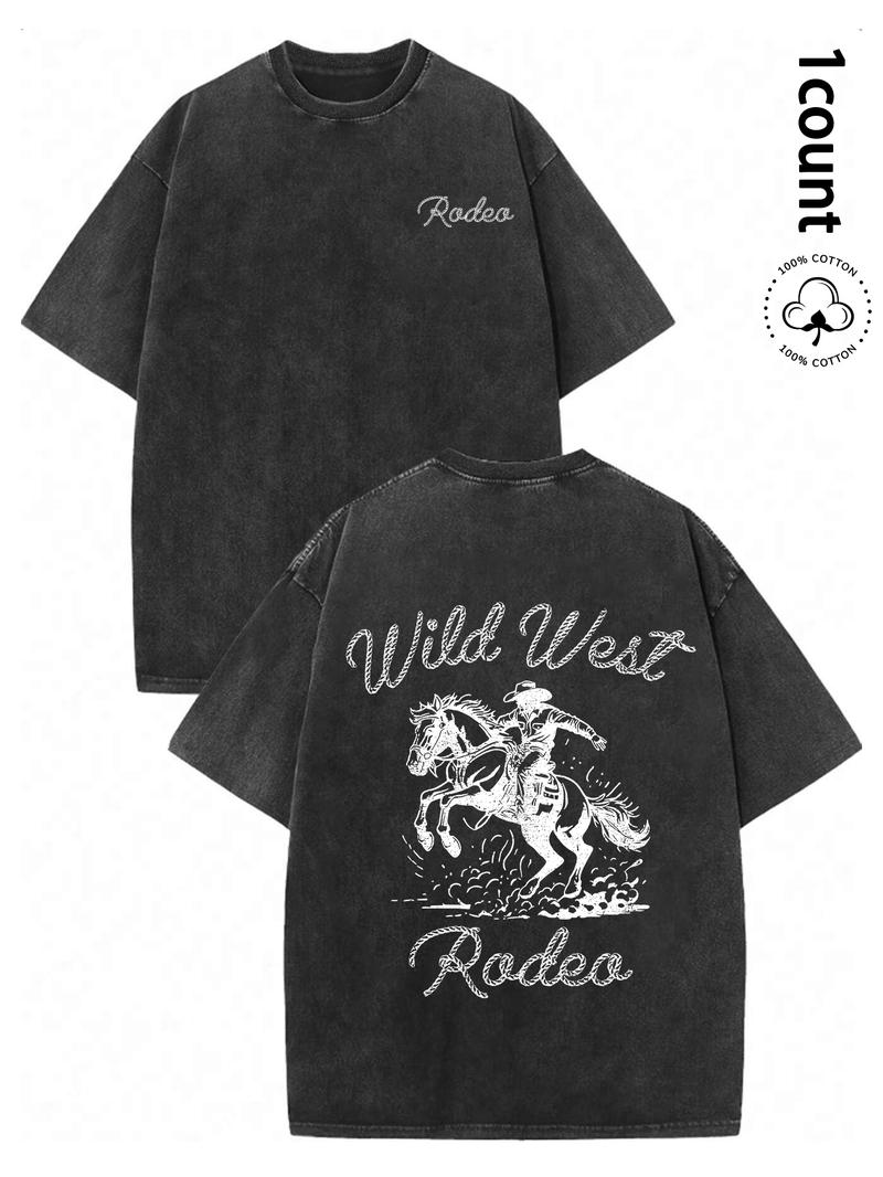 Unisex's 100% Cotton Washed Distressed Modelo Cowboy Tee, Regular Fit Street Fashion Casual Comfy Short Sleeve Crewneck T-shirt for Daily Wear, Western Clothing, All-match Top for Summer, Streetwear