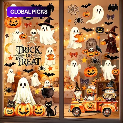 56pcs Watercolor Halloween Window Clings, Sticker Set, No Glue Reusable Glass Decals, Festive Decorations for Home and Parties, Easy to Apply and Remove #GLOBAL PICKS