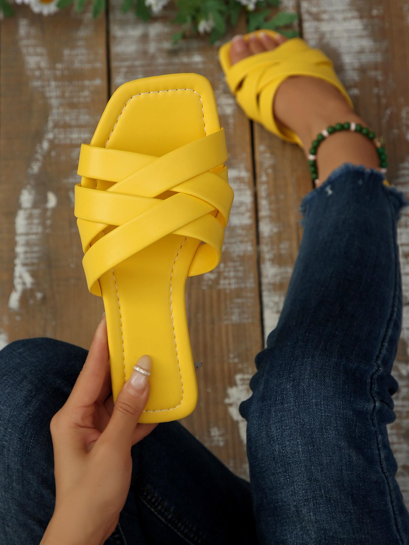 Women's Flat Square Toe Cross-Over Braided Slip-On Shoes, Comfortable Outerwear Footwear, Stylish and Practical Design for Daily Wear