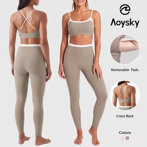 Aoysky Women's 2-Piece Polyamide Workout Set, Criss Cross Yoga Bra with Removable Pads & Contrast Trim, High Waisted Seamless Front Panel Leggings (Matching Gym Sets for Women), 2 Piece Sets