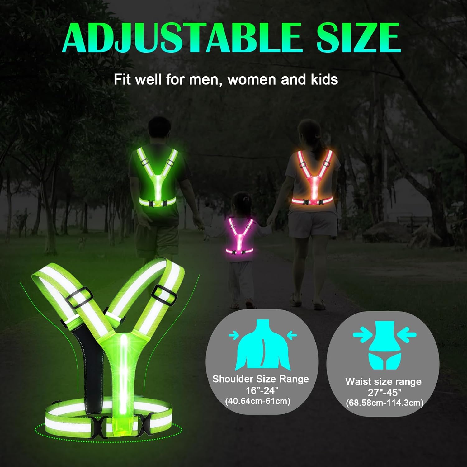 LED Rechargeable Reflective Vest with 11hrs Runtime, Light Up Safety Gear for Night Running Walking Cycling, USB Rechargeable