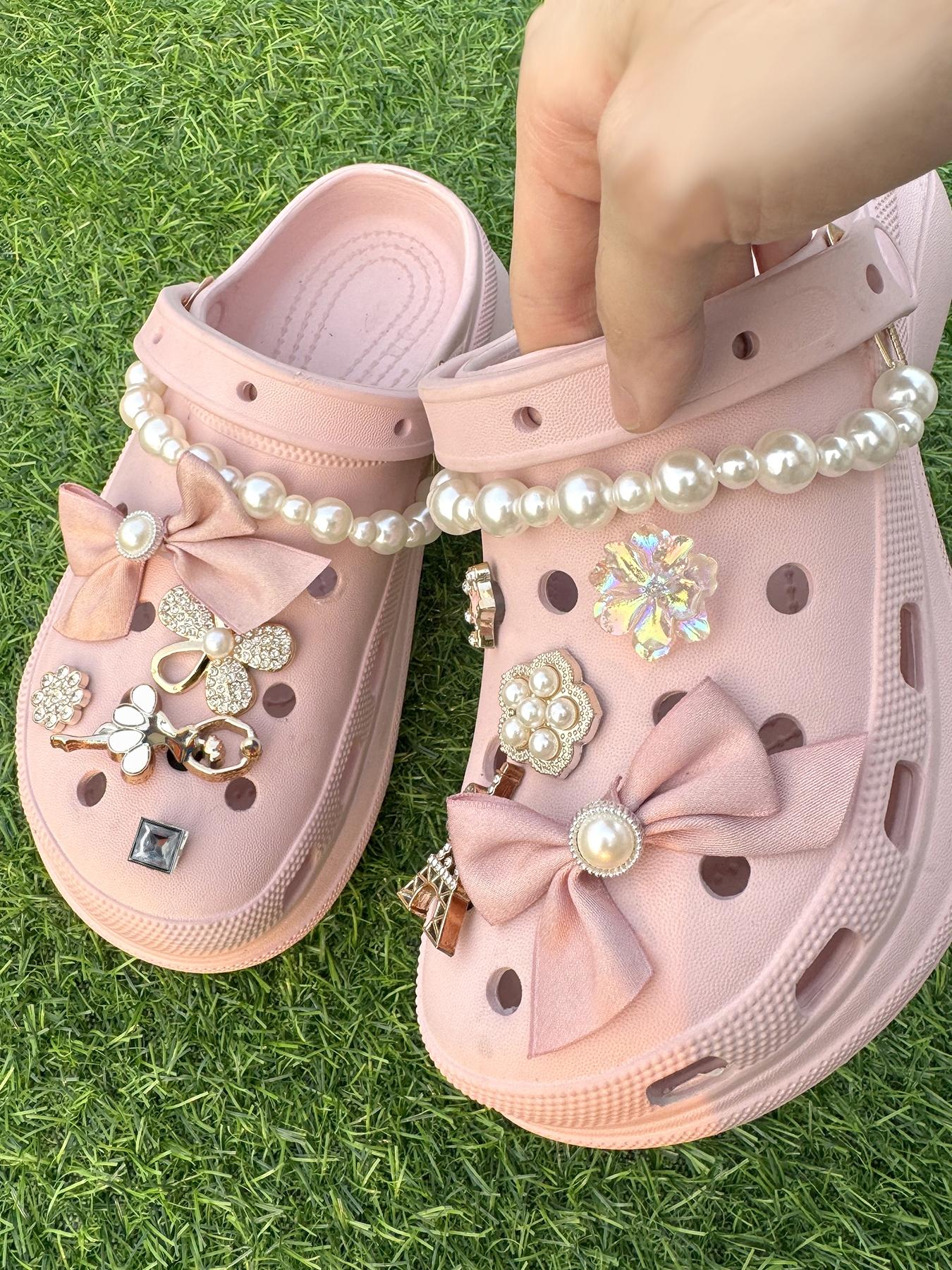 Cute Bowknot & Flower Design Faux Pearl Decor Clogs Charms, 12pcs/set Tower & Crown Design Shoes Charms, Shoes Accessories for Clogs DIY for Women & Girls, Rhinestone Shoe Decoration