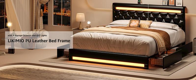 LIKIMIO Bed Frame with LED Lights and 4 Storage Drawers, Upholstered Platform Bed Frame Queen Size with Adjustable Crystal Button PU Leather Headboard, No Box Spring Needed, Black