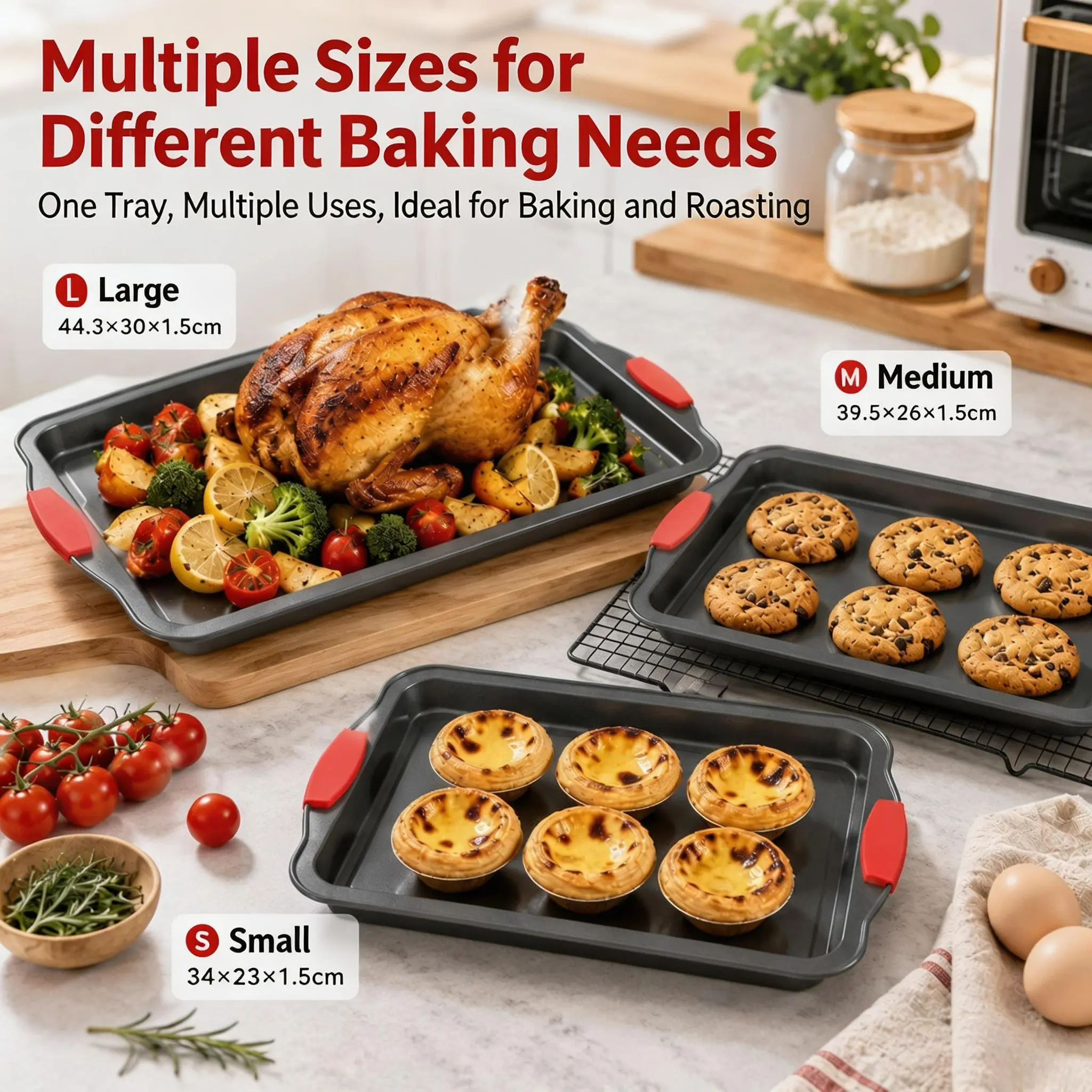 3PCS Nonstick Carbon Steel Baking Pan Set - Food Grade, PFOA-Free Stackable Bakeware (18in x 12in Varied Sizes) with Silicone Handles, Heat-Resistant, Oven-Safe, Dishwasher-Safe, Easy to Clean for Home Baking Cookies