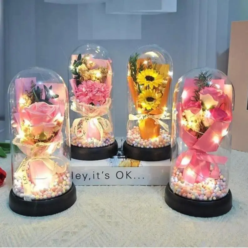 Lighted Acrylic Dome Eternal Flower Bouquet, Preserved Soap Rose, Carnation & Tulip Ornaments, 3‑Piece Pink Home Decor Set, Thoughtful Gift for Women