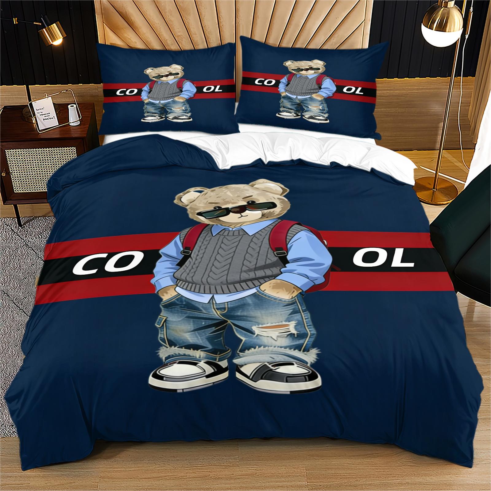 Trendy Bear Print Quilt Cover Set, includes 1 quilt cover and 1 or 2 pillowcases, does not include quilt or pillow inserts, suitable for bedroom or dormitory bedding sets, ideal for gifting or personal use