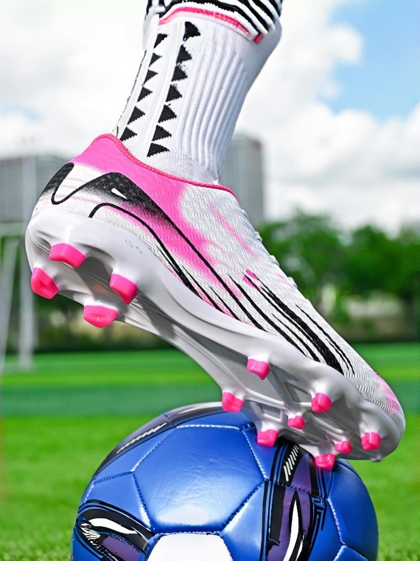 1 Pair Parent-Child White Pink Color Block Football Cleats | Breathable Mesh | Enhanced Traction | Eye-Catching Design | For Soccer Training & Matches | Trending