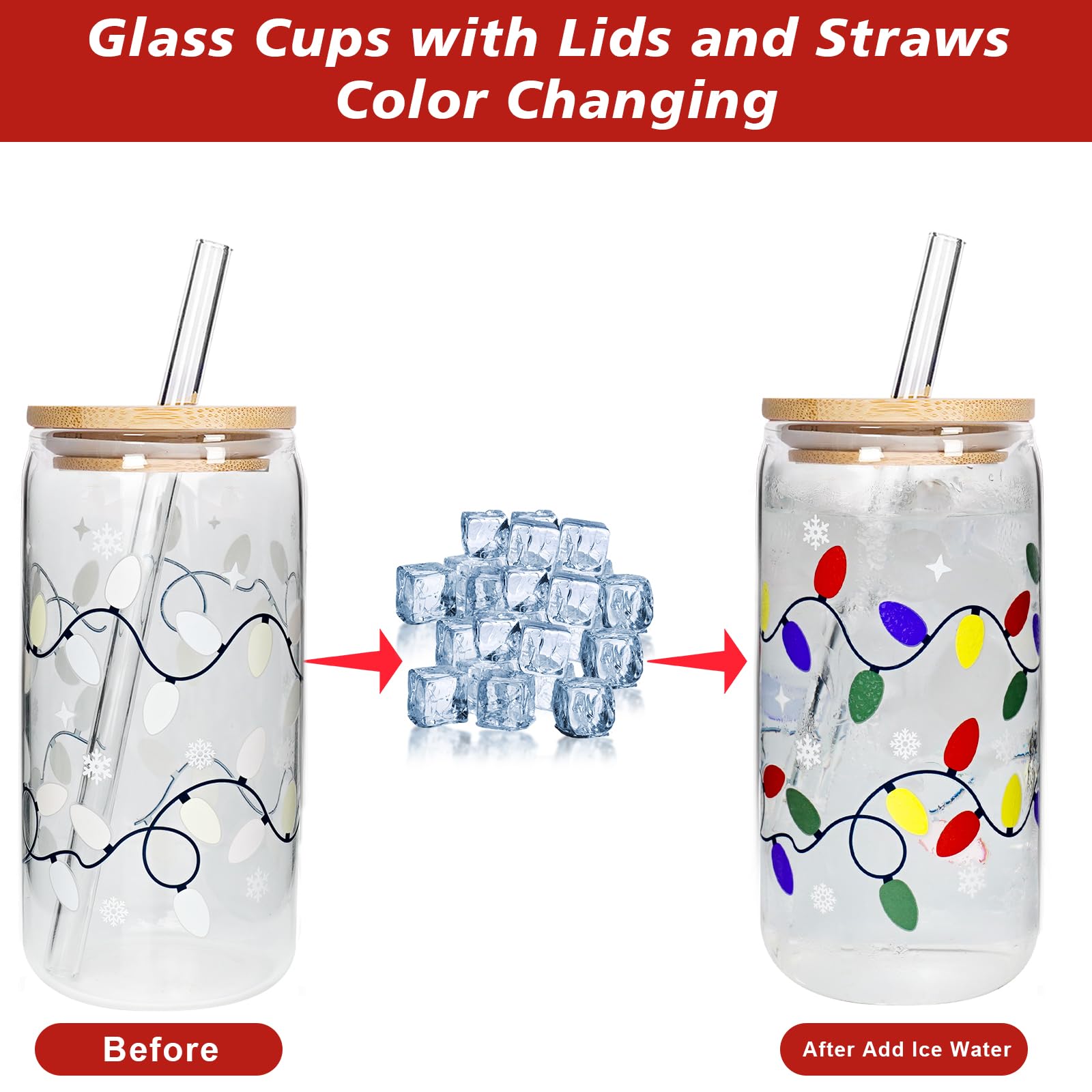 Christmas Glass Cups 17oz Iced Coffee Cups with Lids  with Color Changing and Straws Drinking Glasses Cups Decor Glass Water Bottles Gift for Women Kids Men Cute Drinking Can Jar, Floral Tumbler, Beer Can Gifts