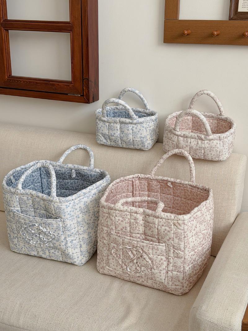 Flannel Peony Storage Basket, Floral Quilted Handheld Organizer, Desktop Living Room Bedroom Sorter, Cosmetic Bags