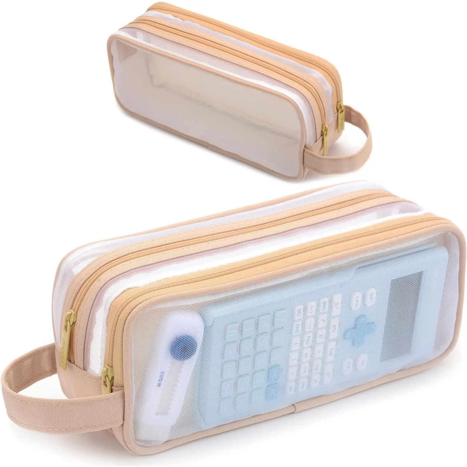 Mesh Pencil Pouch Clear Large Capacity Pencil Case Aesthetic Big Pen Bag School Special Pencil Pouches Organizer With Zipper Travel Makeup Bag For Girls Adults  Teen Women Soft Cute Beige