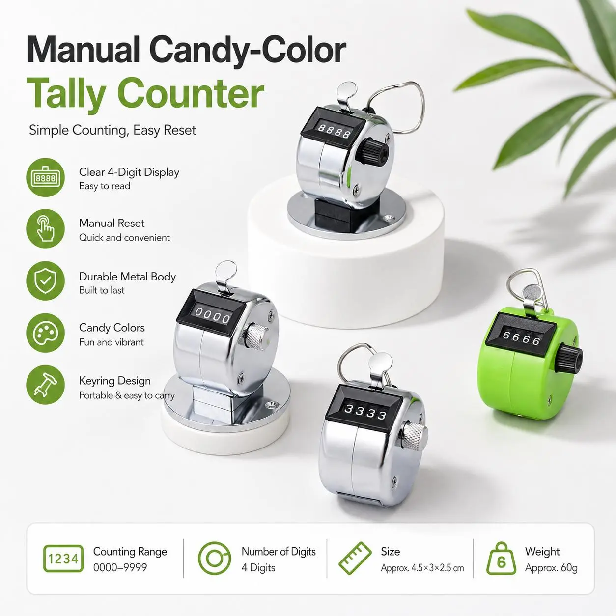 Portable 4-Digit Manual Mechanical Hand Tally Counter with Manual Reset, Stainless Steel Buckle Ring, Compact Handheld Design for Inventory Stock Taking & Traffic Flow Monitoring (Computers & Office Accounting Supplies)
