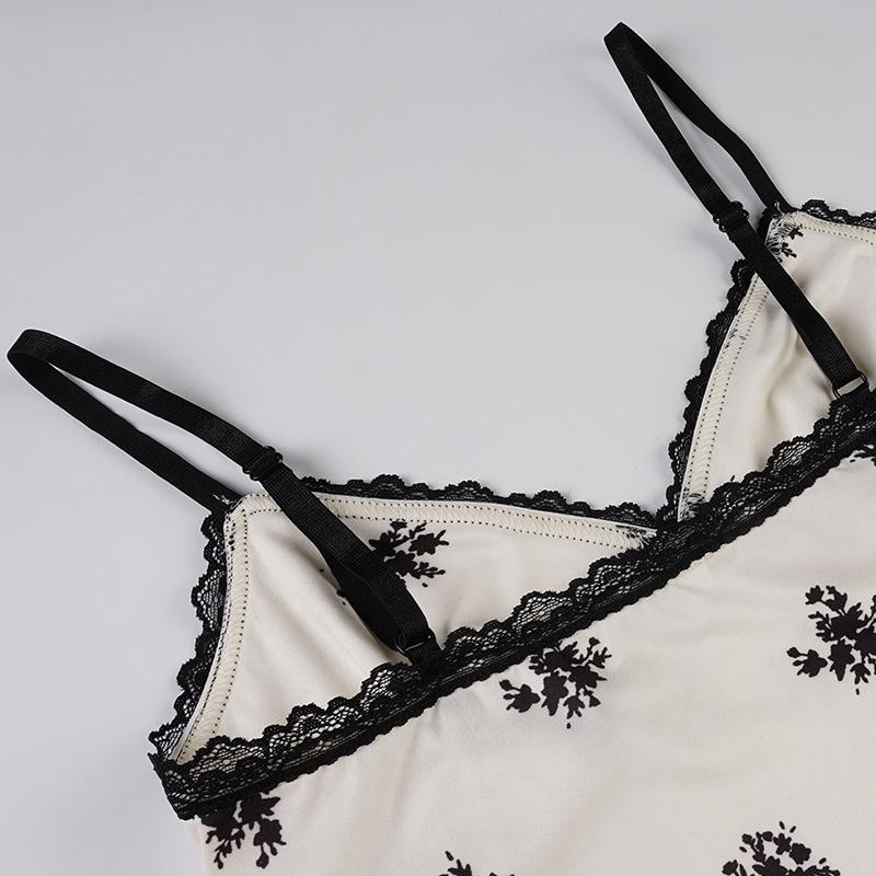 Women's Street Style Casual Boho Bohemian Floral Print Lace Patchwork Slim-Fit Summer Dress, Casual Chic Fitted Elegant Asymmetrical Strap Casual Vacation