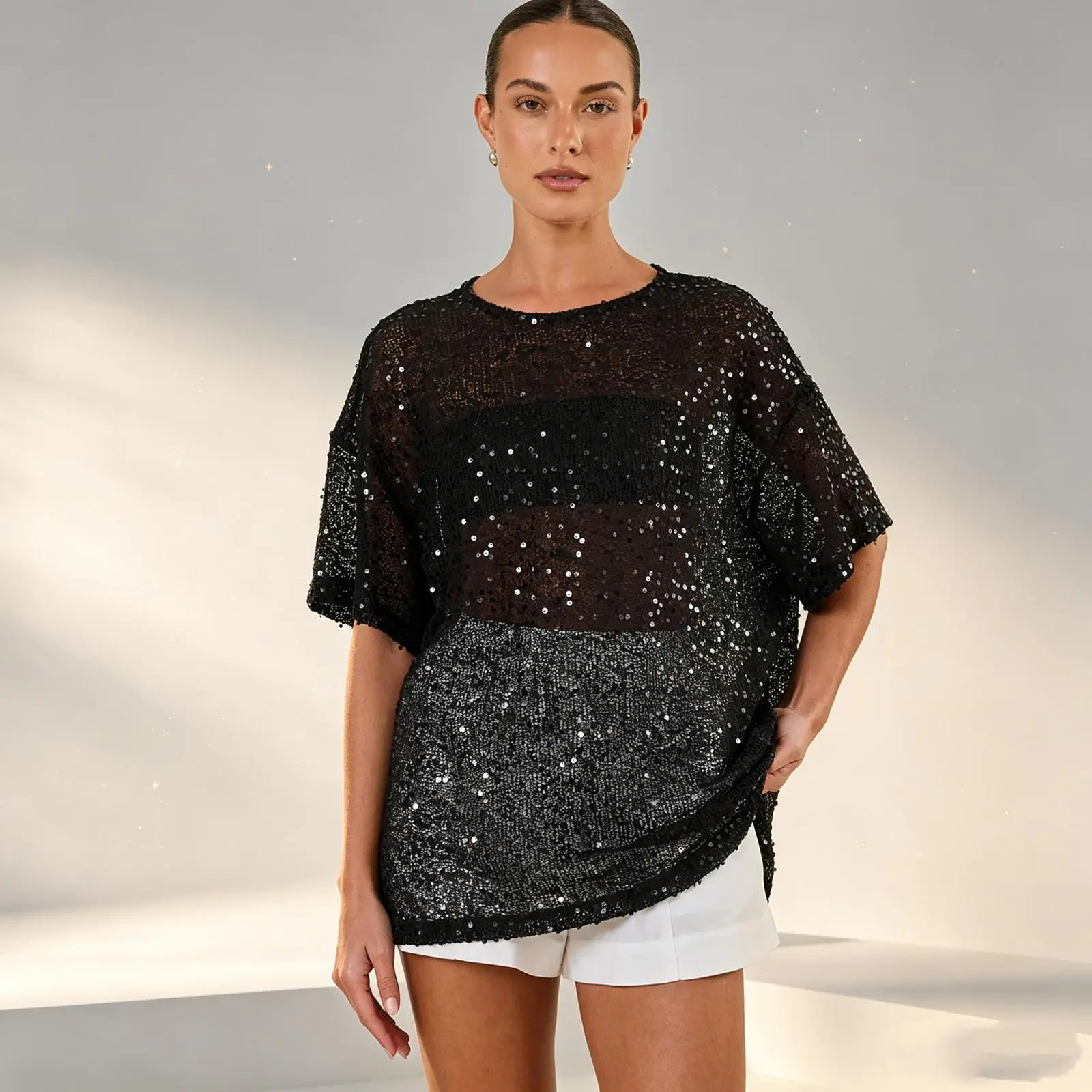Women Sequin Mesh Oversized Short Sleeve Top Sheer Loose Cover Up Tunic T-shirts