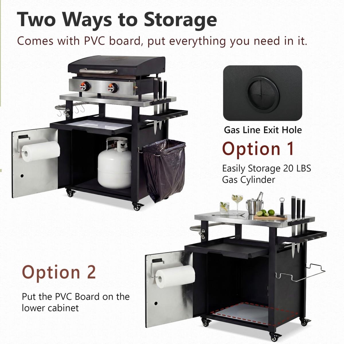39.5" Outdoor Grill Cart with Storage Cabinet, Outdoor Bar Cart Pizza Oven Table with Wheels, Stainless Steel Top, Outdoor Kitchen Island with Spice & Paper Rack for BBQ, Waterproof Cover Included