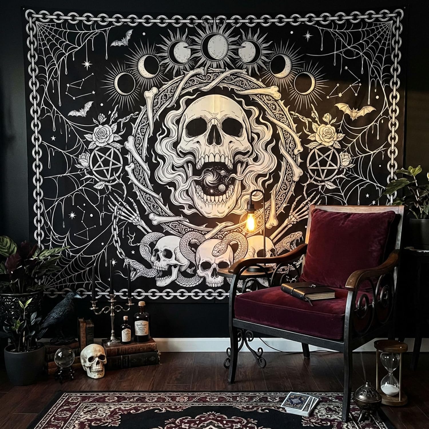 A Gothic mysterious skull tapestry, black and white moon snake wall tapestry, bedroom, dormitory, living room decoration