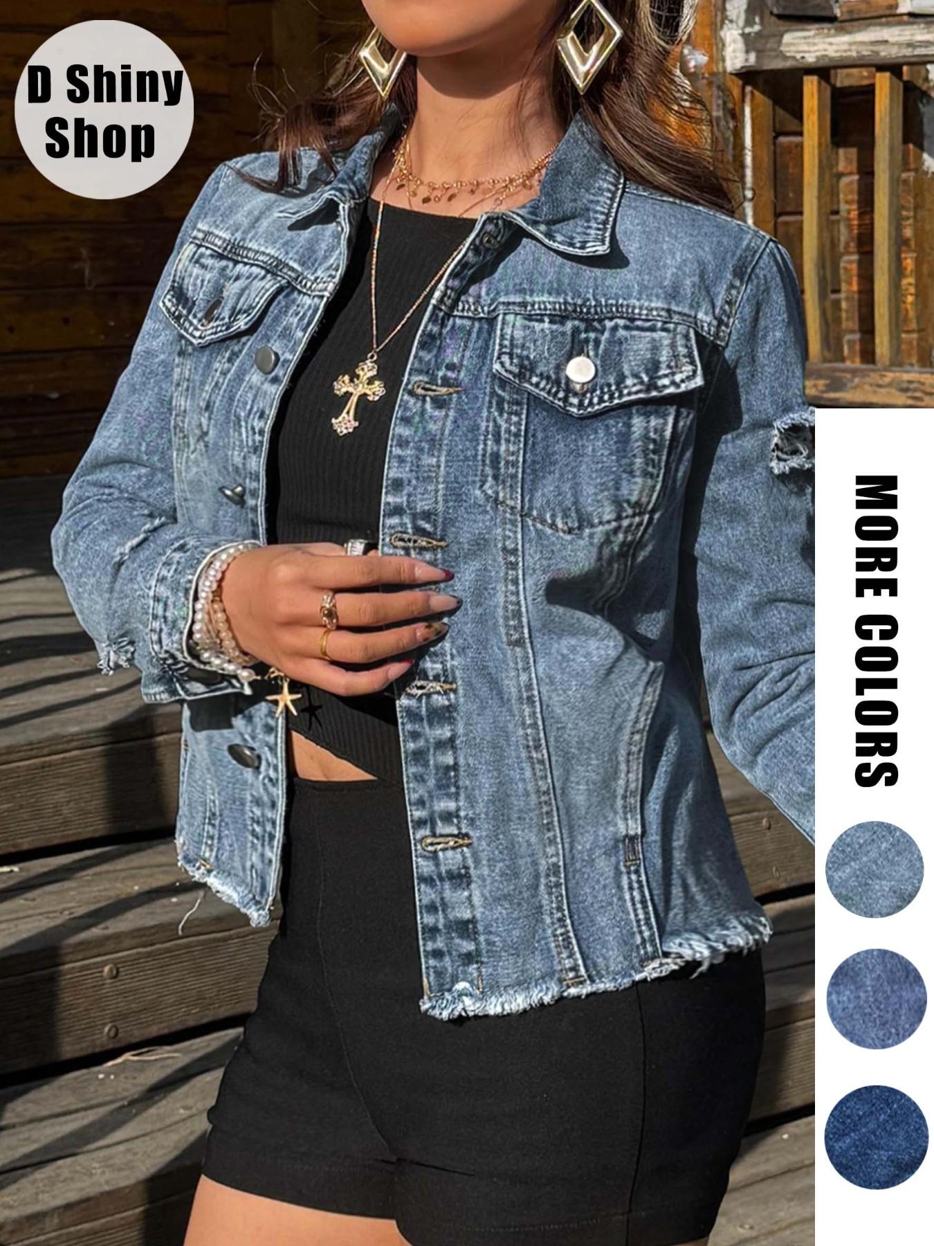 【Plus Size】 Solid Ripped Button Front Collared Denim Jacket, Casual Long Sleeve Pocket Outerwear for Summer, Women's Clothes for Daily Wear