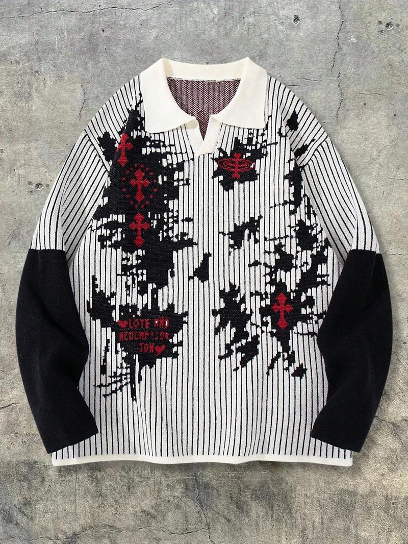 Men's Spring Autumn Winter New Fashion Colorblock Striped Gothic Style Mock Neck Pullover Sweater, Loose Fit Knit Two-Piece Top