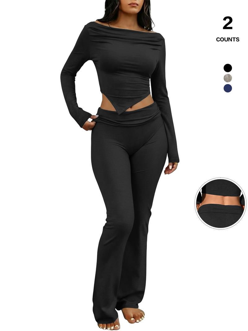 Women's Two-Piece Casual Set, Long-Sleeved Draped Neckline, Off-The-Shoulder Crop Top, Asymmetrical Hem, Flared Trousers, Everyday Wear
