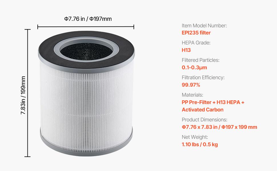 VEVOR Air Purifier Replacement Filter, H13, 3-in-1 Compact Lightweight Replacement Filter with PP Pre-Filter, Easy-to-Grab Purifier Filter with Activated Carbon, Fit for Cylindrical Purifier
