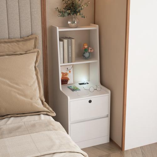 Bellemave Smart Nightstand with Charging Station, Voice-Controlled Night Light, Bookshelf, Storage Cabinet, White, W15.74*D15.74*H41.14, 7 Light Colors, 1 AC Outlet, 2 USB Ports