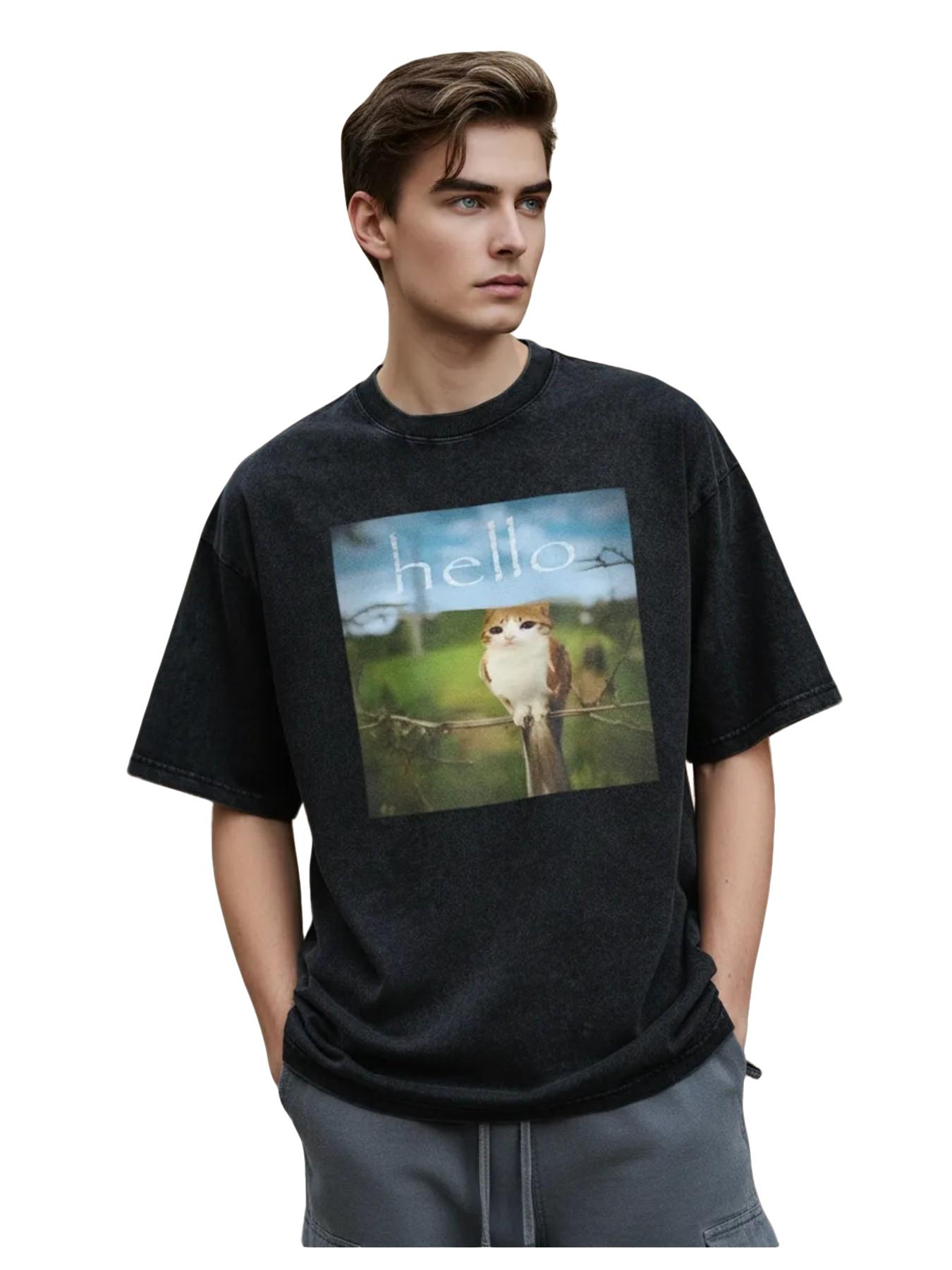 Vintage Washed Hello Kitty Print Loose T-Shirt, Y2K Street Retro Short Sleeve, Unisex Casual Daily Wear, All Seasons