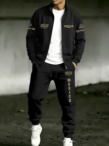 Men's Fall Winter Zipper Jacket + Drawstring Waist Pants Set, Mexico Print Letter Design, Casual Loose Fit, Ideal for Daily Wear & Outdoor Activities