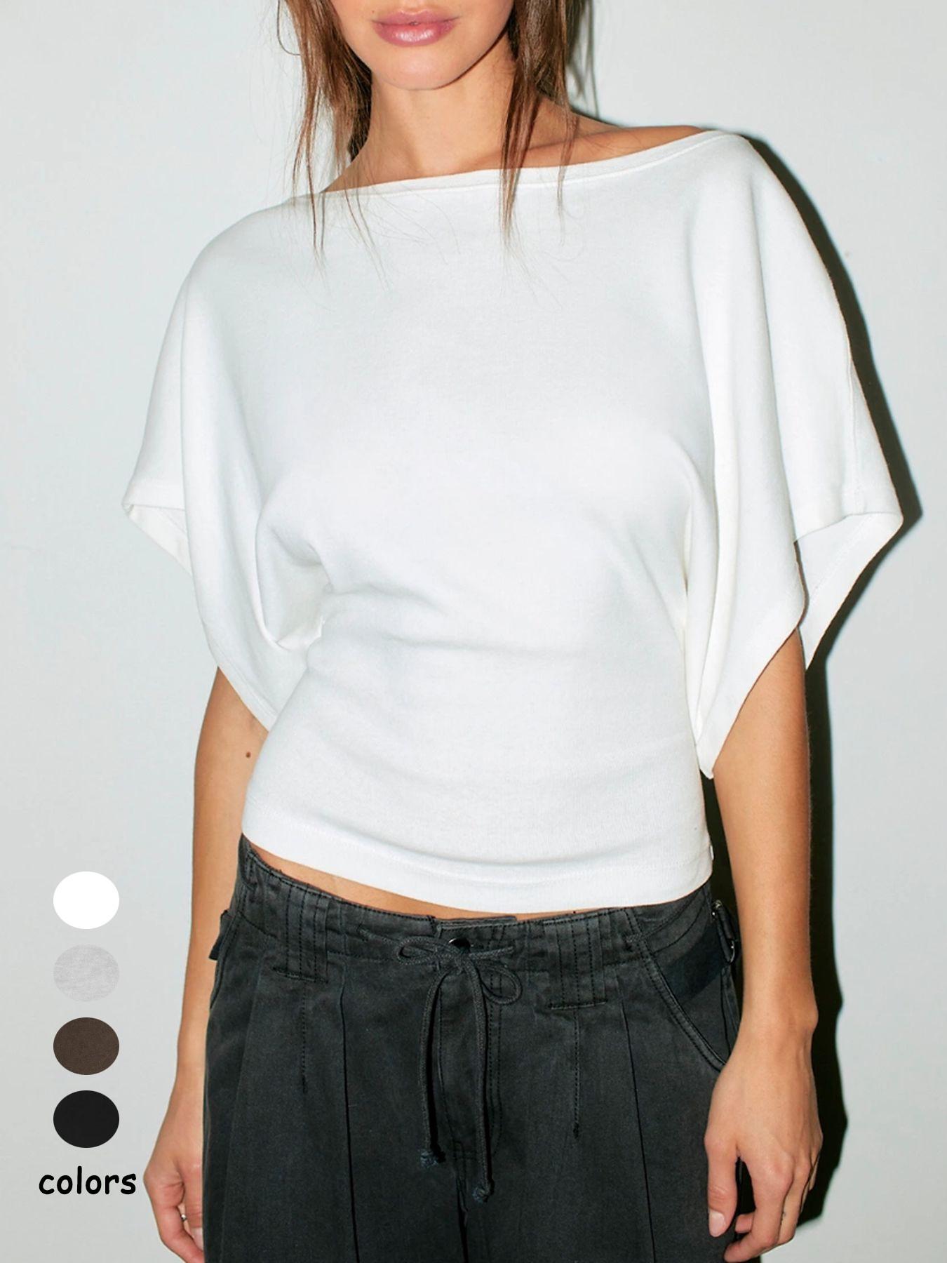 Women's Summer New Batwing Sleeve Waist Cinched Fit Top, Fashion Y2K Boat Neck Knit Sweater, Versatile Daily Wear Basic Tee