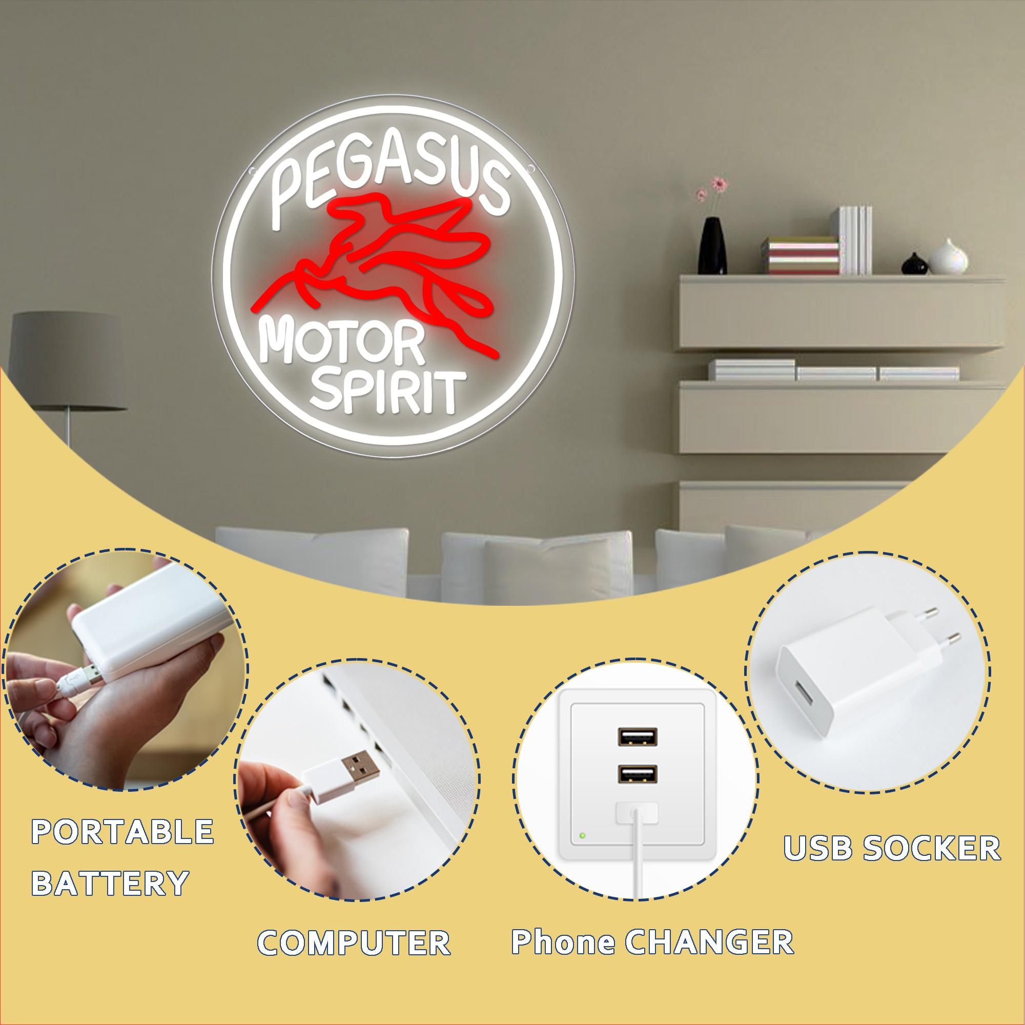 Pegasus Motor Spirit Neon Sign, USB Powered Personalized LED Sign, Neon Sign for Garage, Auto Repair Shop, Birthday Gift for Men