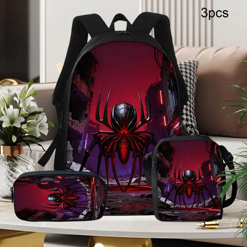 Spider Theme 3-Piece Red Cyber Spider Backpack Set with Zip Closure, Dark Web Graphic School Bookbag, Lunch Bag & Pencil Case for Back to School Travel (Sports & Outdoor Gym Bag Accessory)