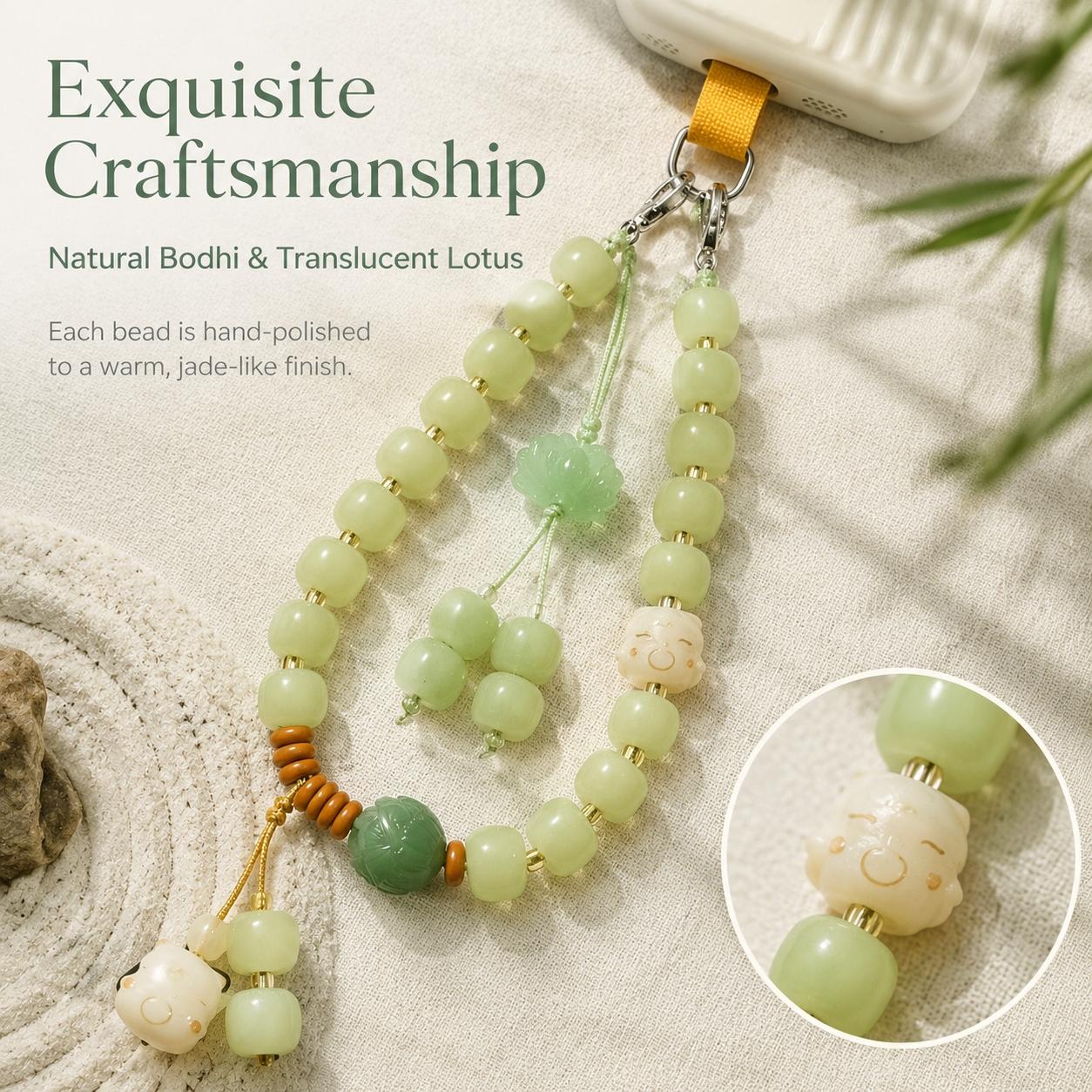 Anti-Lost Green Jade Beaded Phone Lanyard, Cute Lucky Cat & Lotus Charm Phone Strap, Aesthetic Phone Accessory