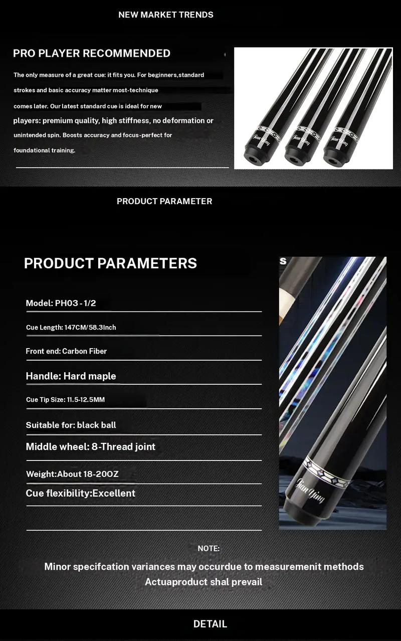 JIAN YING New Carbon Fiber 1/2 Billiard Cue 58 inch 11.5/12.5mm Tip Strong Stability High Performance Pool Cue with Case Tip Gloves Towel Chalk Extended Handle