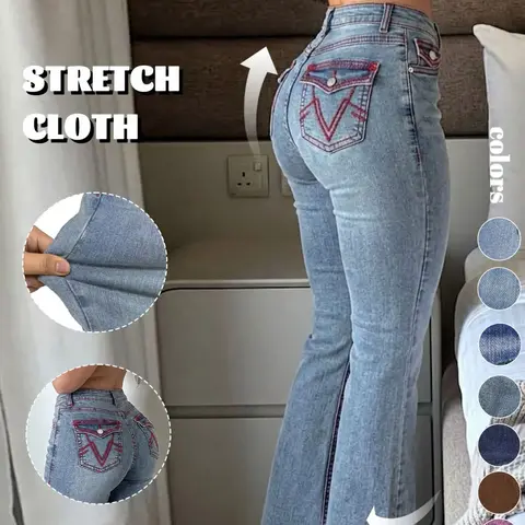 GILIPUR Women's Light Blue Washed Low Waist Butt Lifting Flare Jeans, High Stretch Contrast Red V-Stitching Back Pockets Bootcut Denim Pants, Y2K Vintage Streetwear Daily Casual Date Outfits for Women TChic