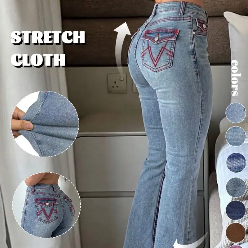GILIPUR Women's Light Blue Washed Low Waist Butt Lifting Flare Jeans, High Stretch Contrast Red V-Stitching Back Pockets Bootcut Denim Pants, Y2K Vintage Streetwear Daily Casual Date Outfits for Women TChic