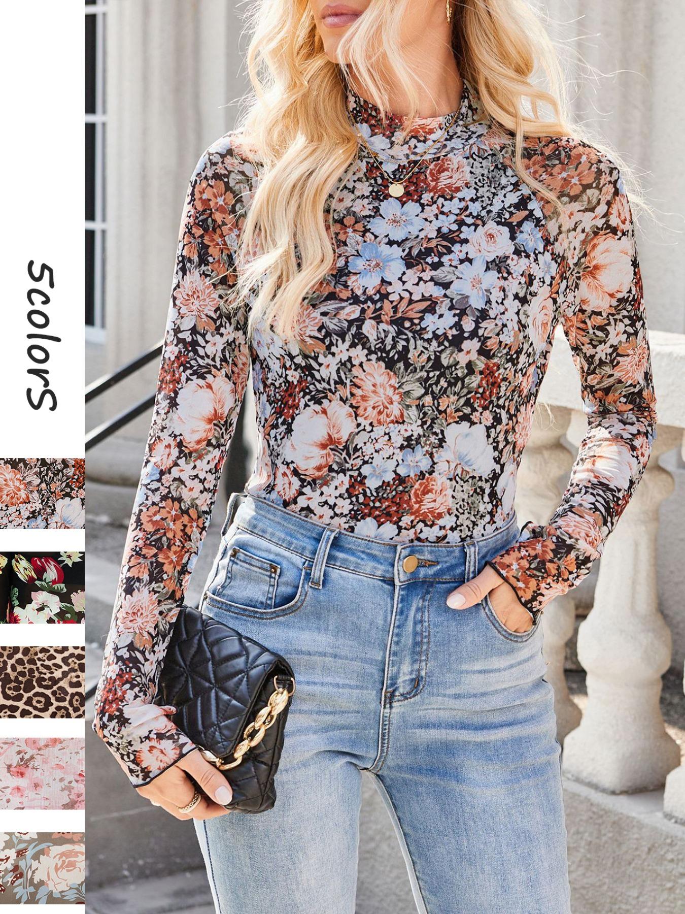 Women's Printed Round Neck Mesh T-Shirt, Contrast Thumb Hole Long Sleeve High Neck Top, Fashion Versatile Fitted Double Layer Blouse