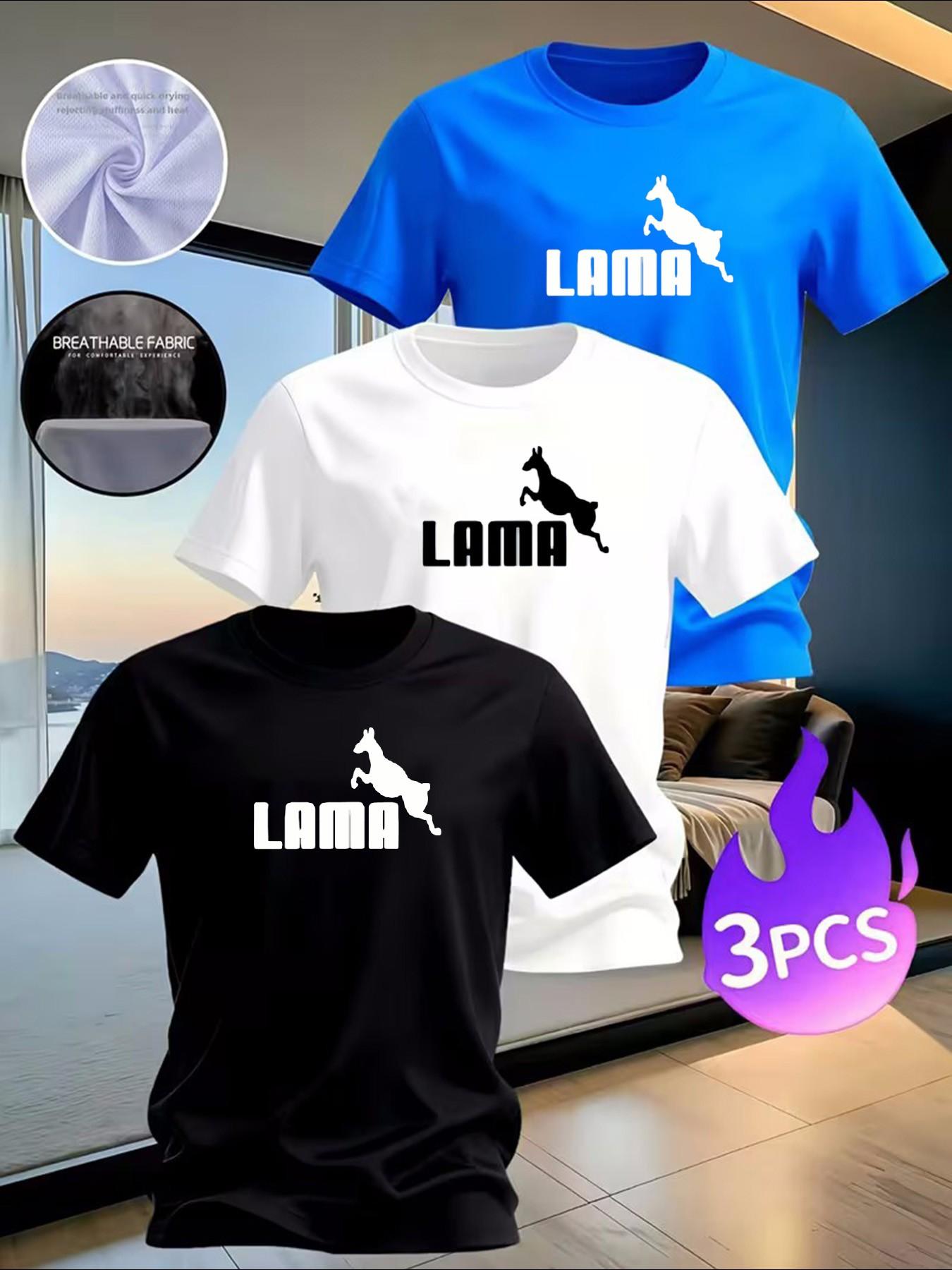 3-Pack Men's "LAMA" Animal Graphic T-Shirts - Casual Breathable Quick-Dry Tees for Daily & Streetwear