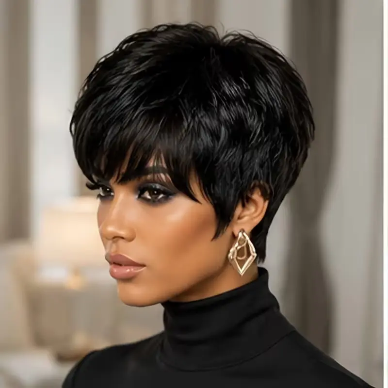 6 Inch Black Layered Pixie Wig for Women, Textured Short Pixie Cut Wig with Feather Bangs, Synthetic Heat Resistant Fashion Wig for Daily Wear