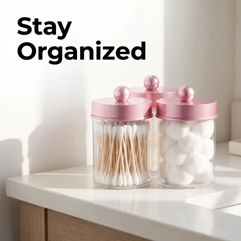 3/4/6 Pack Clear Container Storage Box Canister Qtip Holder Apothecary Jars with Pink Lids, Bathroom Essentials Accessories, Bathroom Organization, Bathroom Accessories, Bathroom Organizers for Cotton Balls,Swabs, Vintage Bathroom Decor Jar Set